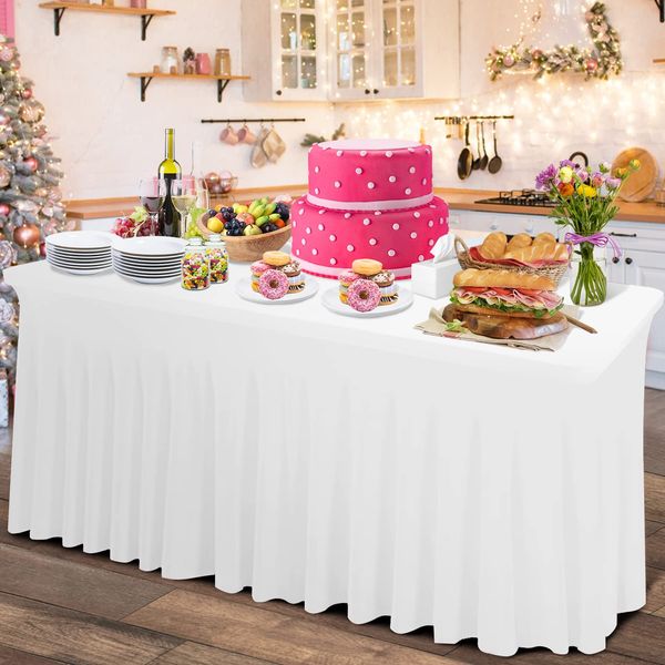 Rinpon Thick 2 in 1 Spandex Table Skirt and Table Cover 6ft, Rectangle Fitted Tablecloth with Pleated Skirt, Wrinkle Free Rectangular Table Cloth for Banquets and Vendor Event (White, 72"*30"*29")