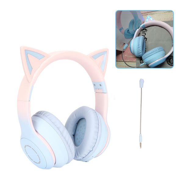 Gugxiom Cat Ear Headphones, Wireless Gaming Headsets via Bluetooth 5.1/3.5mm AUX Cable, Foldable Headphones with 7 Colors LED Lights and 4 LED Modes for Girls, Adults (Blue)