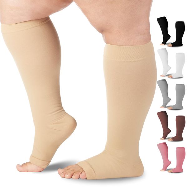 Surgical Opaque Knee-Hi Firm Support Open Toe 20-30mmHg Graduated compression Surgical Weight -- Made in USA (2XL, Beige) by Mojo Compression socks