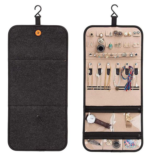 2 Pieces Accessories Storage Jewelry Organizer Hanging Jewelry Stand Holder Felt Material Folding Portable Travel Jewelry Box Storage Necklace Earrings Rings Bracelet Watches Brooch (Gray)