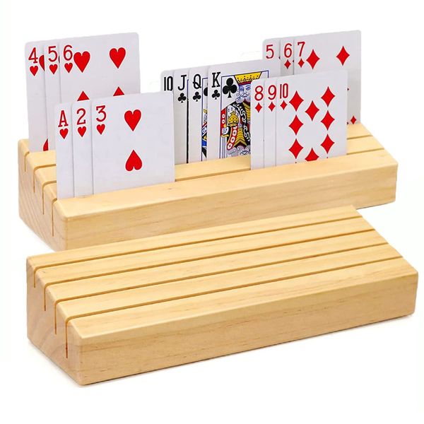 plusvivo Card Holders for Playing Cards Set of 2, Pine Solid Wooden Playing Card Holders for Adults Seniors Kids 9.84 X 3.15 X 2.25 Inch, Uno/Canasta/Bridge/Hand and Foot Card Holder