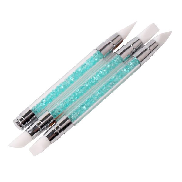 WOKOTO 3 Pcs Set 2 Ways Silicone Nail Art Acrylic Pen Brushes set Blue Rhinestones Design Sculpture Carving Brush For 3D Effect Shaping Drawing Dotting Tools