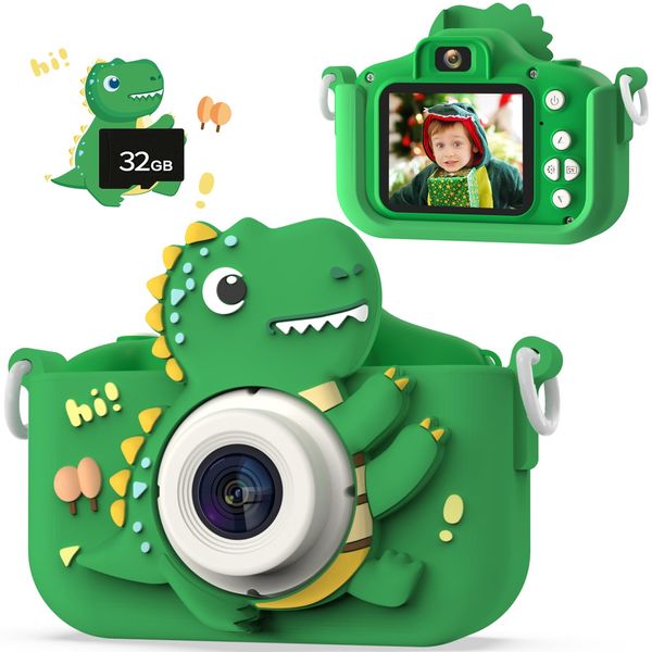 NIDOOT Dinosaur Kids Camera, HD Selfie Toddler Camera, Christmas Birthday Toys for Boys Girls Age 3-12, Kid Digital Camera with 32GB Card, Dinosaur Toys for Kids 3 4 5 6 7 8 Girls Boys Gifts(Green)