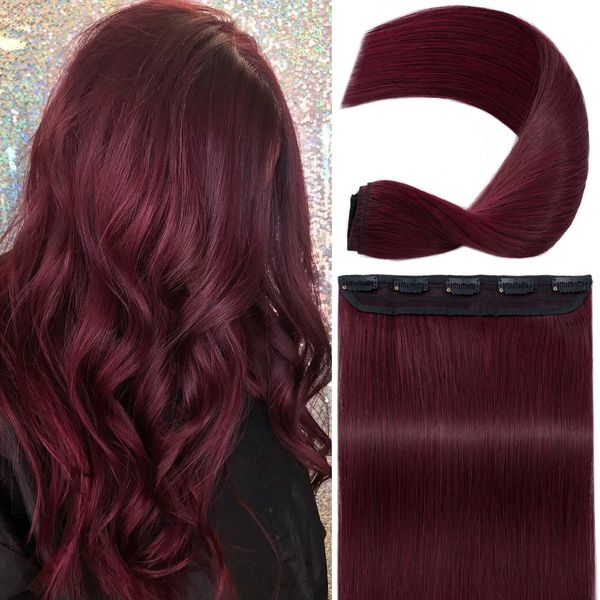 S-noilite Clip in Hair Extensions Human Hair Clip in Human Hair One Piece/5 Clips/3/4 Full Head Standard Weft Clip in Extensions 100% Remy Human Hair Straight 22"(55cm)-55g ((#99J) Wine Red)