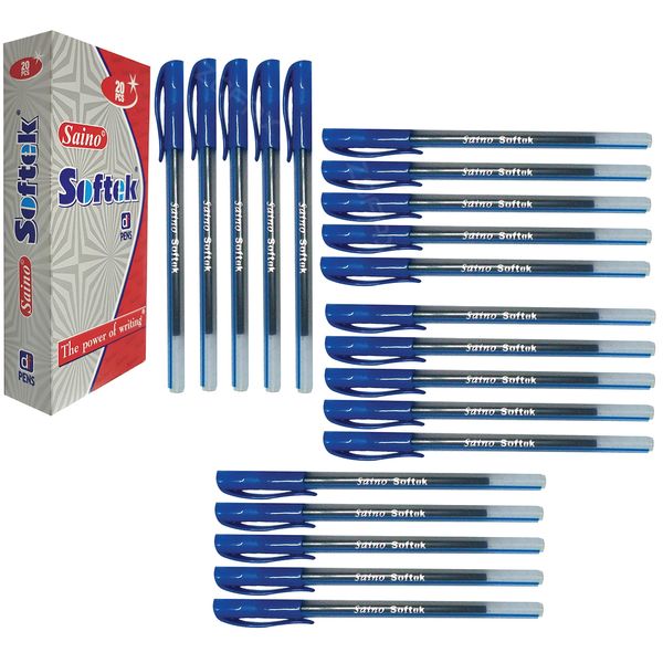 SAINO 20 x 0.7mm Fine Tip Softek BLUE Ballpoint Pens Smooth Writing Non Dry Guarantee