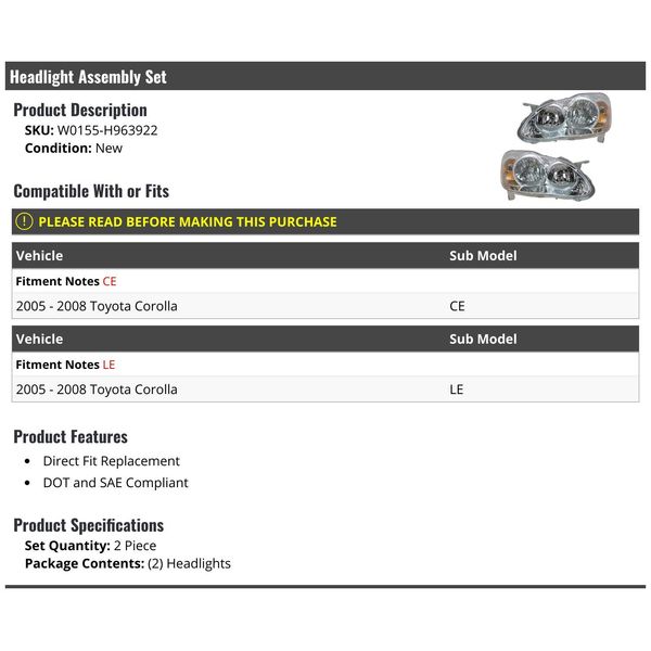 Headlight Assembly - Set of 2 - Compatible with 2005-2008 Toyota Corolla