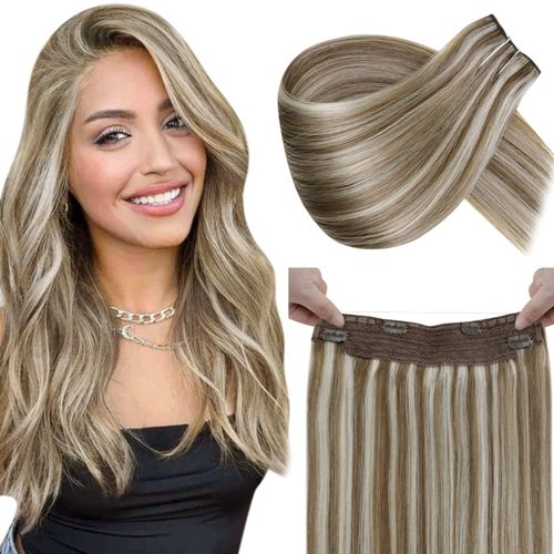 LaaVoo Highlight Remy Real Hair Extensions with Wire, Brown, Blond Invisible Wire, Human Hair, Healthy, Highlighted Light Brown with Light Blonde Extensions, Fish Line Hair Extensions, Straight, 30