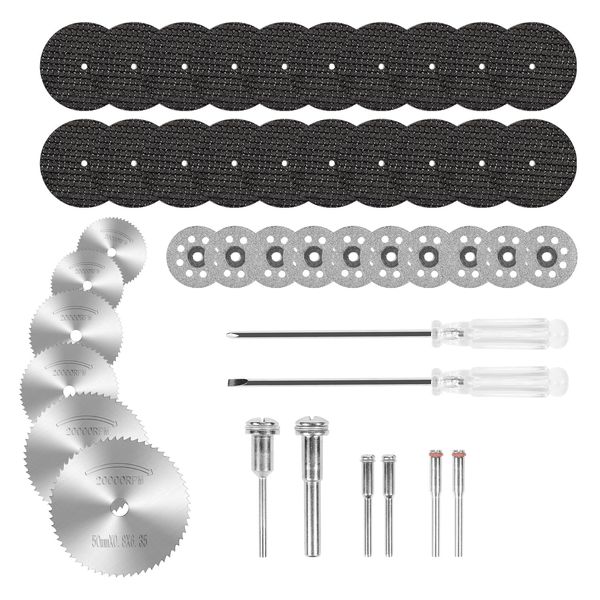 44PCS Cutting Discs for Dremel Rotary Tool, 10PCS Diamond Cutting Wheel, 6PCS HSS Circular Saw Blades, 20PCS Resin Cutting Discs, 6PCS Mandrels with 1/8 Inch Shank and 2 Screwdrivers for Wood Plastic