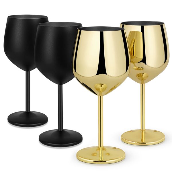 Lifecapido Stainless Steel Wine Glasses Set of 4, 18oz Stainless Steel Wine Goblets, Metal Wine Glasses with Cup Brush for Party Office Wedding Anniversary, Great for Red White Wine, Gold and Black