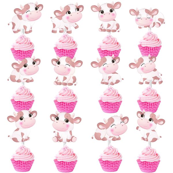 Pink Cow Cupcake Toppers Decorations 24pcs Cow Birthday Cupcake Toppers Decorations Cow Theme Birthday Party Decorations for Girls Farm Animal Theme Birthday Party Baby Shower Supplies