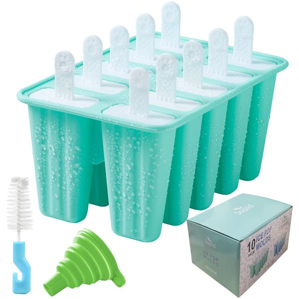 Ice Lolly Mould 10 Pieces Food Grade Silicone Popsicle Mold Easy to Remove Ice Pop Moulds - Reusable Ice Cream Mould BPA Free Ice Lolly Maker with Popsicles Recipes,Cleaning Brush and Funnel