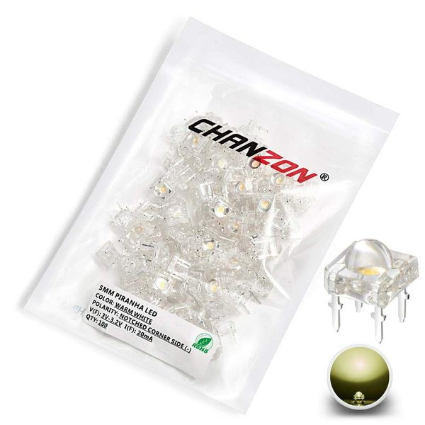 CHANZON 100 pcs 5mm Piranha SuperFlux Warm White LED Diode Lights (Clear Transparent Round Lens 4 pins DC 2V 20mA) Lighting Bulb Lamps Electronics Components Indicator Light Emitting Diodes