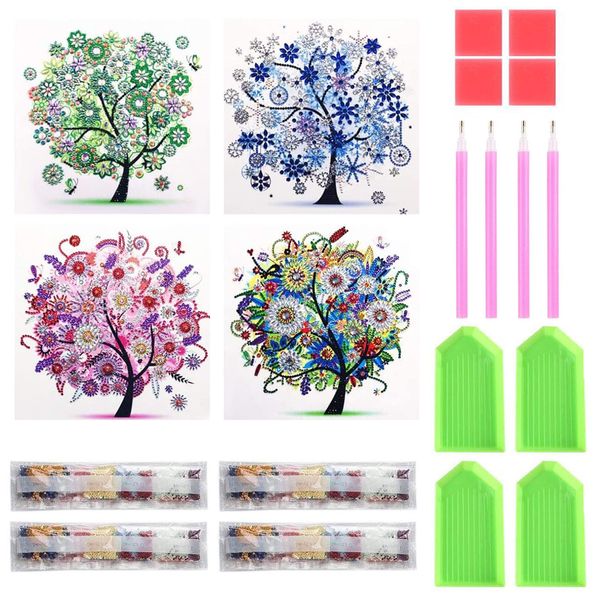 Samcos 5D Diamond Art Diamond Painting Kit, Set of 4, Neat, Embroidery Kit, Full Paste for Adults, Kids, Beginners, DIY Craft Kit, Painting, Home Wall Decor, Art (Four Seasons Tree 11.8 x 11.8 inches