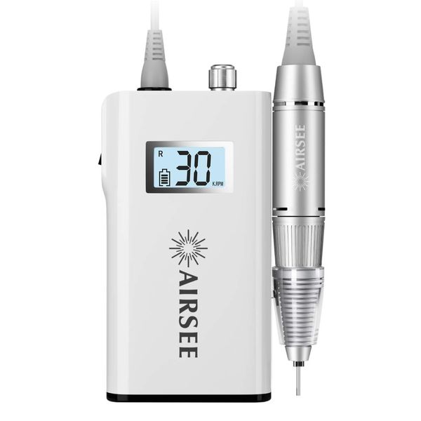 AIRSEE Rechargeable 30000RPM Electric Nail Drill Professional Portable E File Machine for Acrylic Nail Natural Extension Gel Nails Polish Cuticle, Cordless High Speed for Salon Home Use E8 White