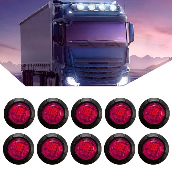 gunhunt 10 PCS Truck LED Side Light, 12V Round 3/4" Side Light Night Warning Signal Indicator, Side Marker Clearance Light with Pigtail Harness Flush Mount, Universal for Most Trailer RV (Red)