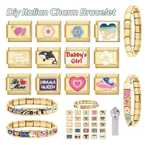 papasgix Italian Charm Bracelet Charms Gold Pack Links Bulk with Opening Tool 9mm Italian Charms Pink Cherry Love Italian Modular Bracelet Links Handmade DIY Jewelry