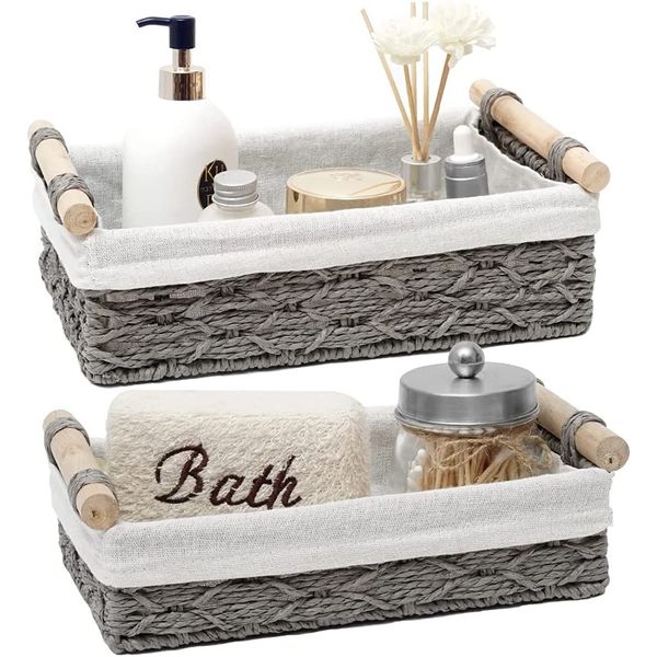 Storage Basket Wicker Basket Bin for Organizing with Handle Countertop 2Set Grey