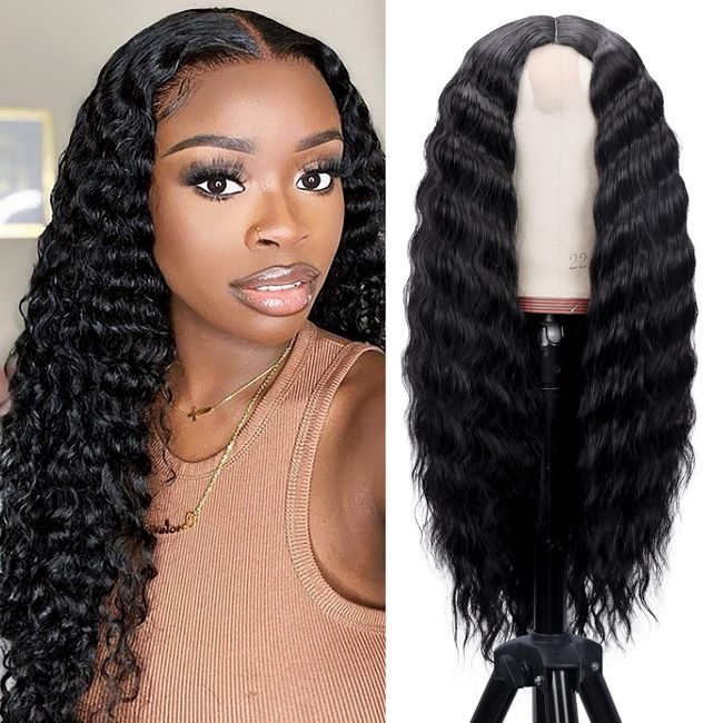 Mairead 28 Inch Curly Wig Long Wigs for Black Women Loose Deep Wave Lace Front Wig 4'' Simulated Scalp Middle Part Synthetic Natural Crimps Curls Hair Replacement Wigs