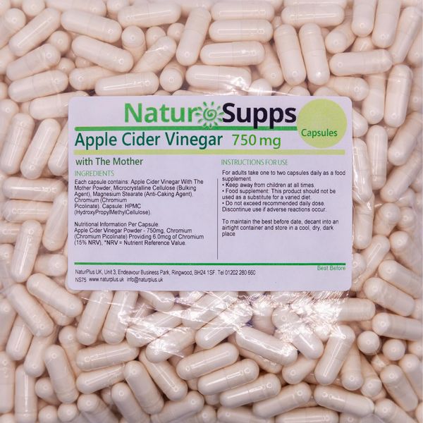 Apple Cider Vinegar with Mother Capsules 750mg, Pack of 365, Vegan and Vegetarian Supplements, UK Made by Natur Supps