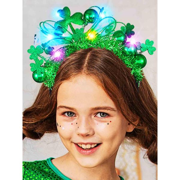 Yean St Patrick Day Shamrock Headband Light Up Ball Green Bow Headdress Holiday Party Hair Band Costume Accessories for Women and Girl