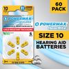Powermax Size 10 Hearing Aid Batteries, 60 Count Long-Lasting Battery Pack, Yellow Long Tab for Easy Change