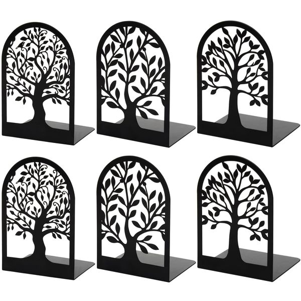 Metal Bookends for Shelves Decorative, Tree Stopper for Heavy Books, Black Ends to Hold Books for Home Office, 6.5 X 4.7 X 3.5 Inch(3 Pairs/6 Pcs, Large)