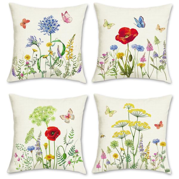 Bonhause Garden Floral Cushion Covers 45 x 45 cm Both Sides Flower Butterfly Decorative Throw Pillow Covers Polyester Linen Pillowcase for Sofa Bed Patio Outdoor Decor Set of 4