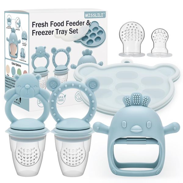 MISSLILI Baby Silicone Fruit Food Feeder Pacifier & Breastmilk Popsicle Freezer Molds,BPA Free Baby Food Storage Containers Frozen Ice Tray for Baby Feeding Safely, Infant Fruit Teething Toy (Blue)