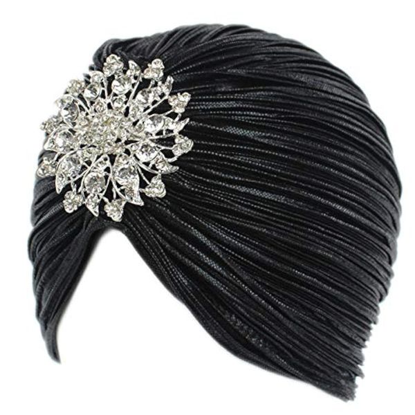 EORUBE Vintage Turban Hat with Crystal Brooch Feather Turban Headwraps for 1920s Gatsby Costume Cocktail Party (Brooch Style 1 - Black)