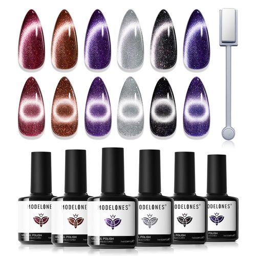 Modelones Smalti Semipermanenti Unghie, 6 Colori Serie Glitter Rosso Marrone Sliver Nero Viola Cat Eye Gel con Magneti, Smalto Gel Unghie UV Gel French Manicure, 7ml