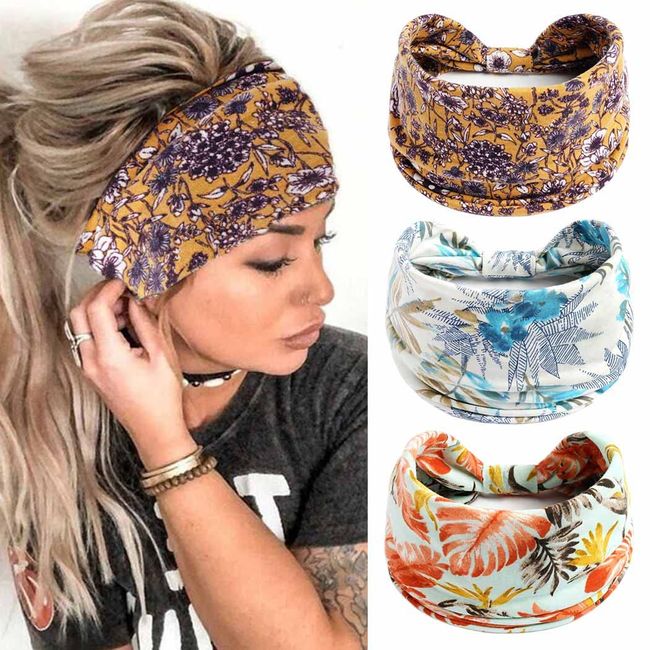 Zoestar Boho-Stirnbänder, breite Haarbänder, geknotet, gedreht, Kopftuch, Yoga, Blumen, Kopfwickel für Frauen und Mädchen (3 Stück)