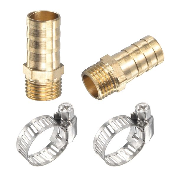 uxcell Brass Hose Barb Fitting Straight 12mm x G1/4 Male Thread Pipe Connector with Stainless Steel Hose Clamps 2 Pack