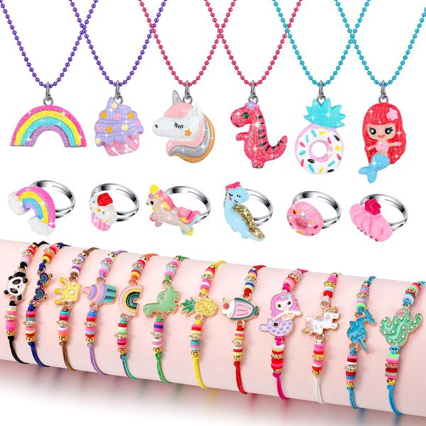 24 Pcs Little Girl Jewelry Set Kids Unicorn Necklace Cute Woven Bracelet Ring for Girls Pretend Dress up Party Favor (Cute Style)