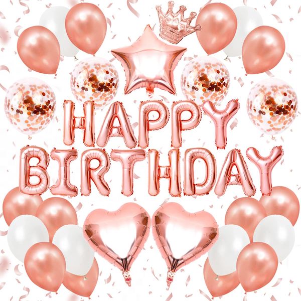 Happy Birthday Balloons, Decoration, Happy Birthday Hearts, Confetti Balloons, Double Sided Tape, Ribbon Included, Birthday Parties, Celebrations, Surprises, Rose Gold