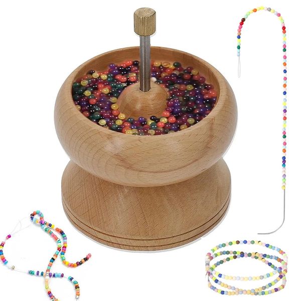 Bead Spinner for Jewellery Making Effortless Rotating Pine Wood Clay Bead Spinner with 1 Curved Big Eye Beading Needle DIY Wooden Beading Tool Beading Supplies for Making Bracelets, Necklace