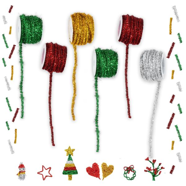 Christmas Pipe Cleaner Coil Set of 4 Coils 49.2 Inches Long Each Roll Xmas Chenille Stems for Kids DIY Projects Holiday Party Crafts Supplies Metallic Red Green Silver & Gold Colors Total 196 Feet