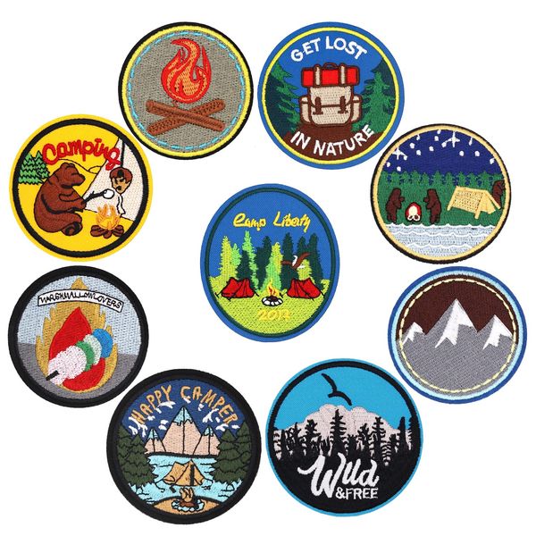 Winrase 9pcs Outdoor Round Camper Iron on Patches Embroidered Motif Applique Decoration Sew On Patches Custom Patches for DIY Jeans,Jacket,Clothes,Bag,Backpack,Cap,Arts Craft Sew Making (Camper 9pcs)