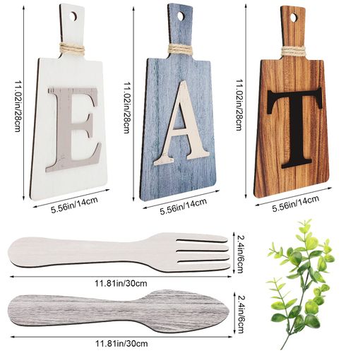 Cutting Board Eat Sign Set Hanging Art Kitchen Eat Sign Fork and Spoon Wall Decor Rustic Primitive Country Farmhouse Kitchen Decor for Kitchen and Home Decoration (Gray, White, Brown)