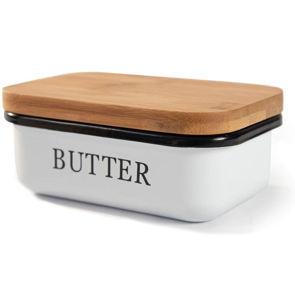 Theo&Cleo Butterdose mit Holzdeckel, Butterglocke für 250 g Butter, Multi-Funktion Butter Dish, Edlem & Nachhaltigem Bambusdeckel, Weiß (Weiß)