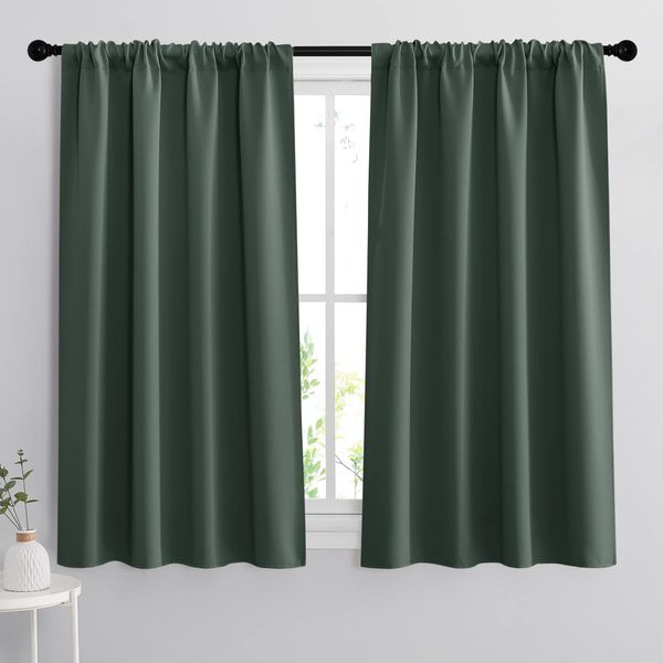 RYB HOME Room Darkening Curtains 45 inches Length, Blackout Window Curtains Drapes Energy Efficient Covering for Bedroom Dorm Glass Door, W 42 x L 45 inch, 2 Panels, Dark Green