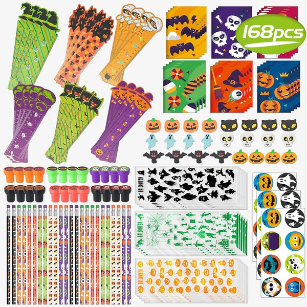 Shemira Halloween Party Favors for Kids,168pcs Halloween Stationery gift kit,Halloween Miniatures Prizes,Trick or Treating Goodie Bag Fillers including Notepad,Stamper,Sticker,Pencil,Eraser,Ruler