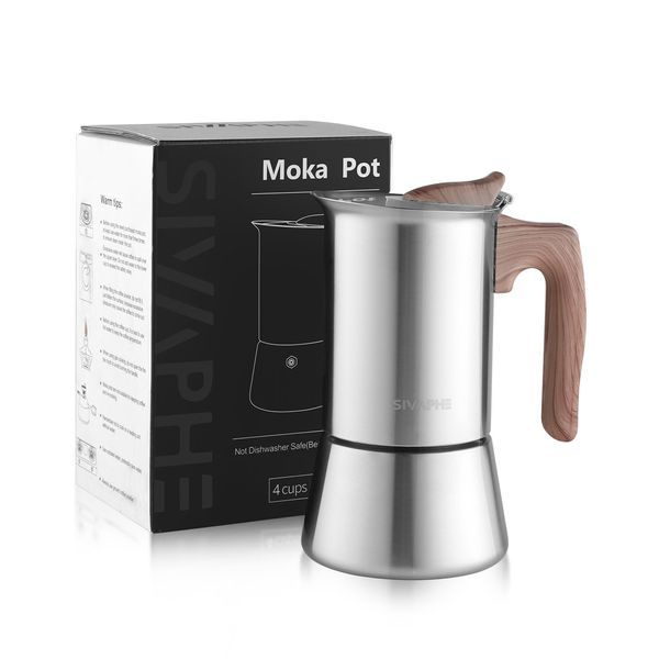 Sivaphe Stovetop Espresso Maker 200ml, Induction Hob Italian Coffee Percolator Maker Moka Pot Stainless Steel 4 Italian Cups