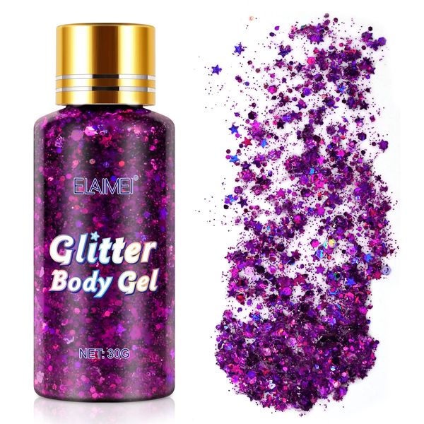 Body Glitter Gel, Glitter Holographic Chunky Gel, Mermaid Sequins Körperglitzer,Glitzer Flüssiger Lidschatten für Gesicht Haare Lippen Nägel Make Up Kosmetik Festival,30g (Violett)