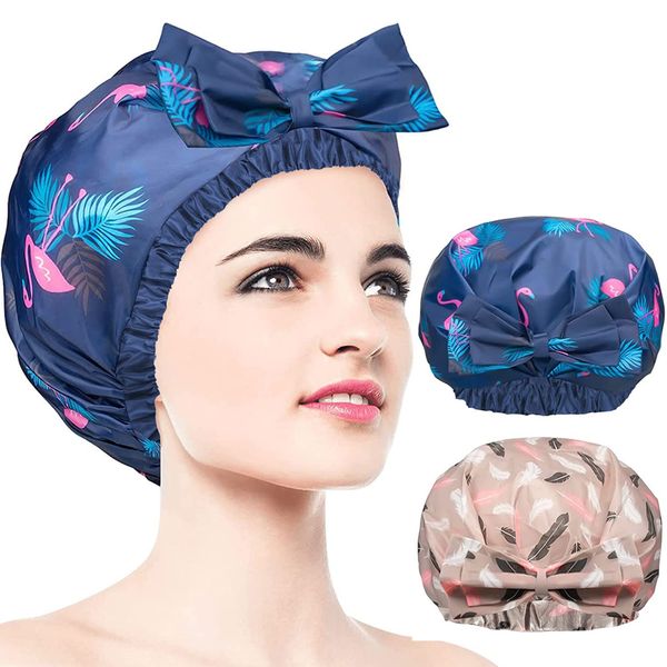 2 PCS Waterproof Shower Caps, Oversized Adjustable Hair Cap with Bow Knot for Women, Reusable Double Layer Waterproof Bathing Cap for Shower, Spa, Makeup, Design for All Hair Lengths/Style