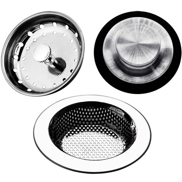 Buumook 3 Pack - Kitchen Sink Drain Strainer and Stopper Set for Most Sinks, Silver