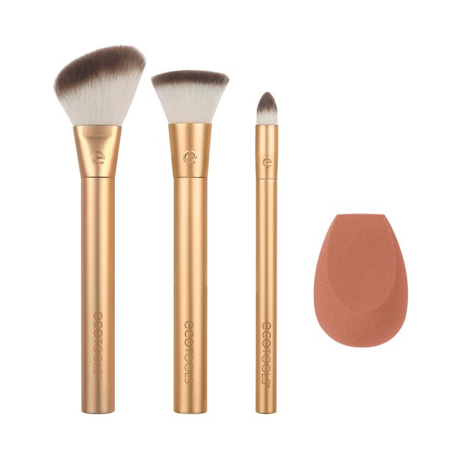 EcoTools Precious Metals Face Blend & Sculpt Set, Make-up-Pinsel-Set, Foundation-Pinsel, umweltfreundliches Make-up-Pinsel-Set, recyceltes Aluminium, Chrom, Präzision, 4-teiliges Set