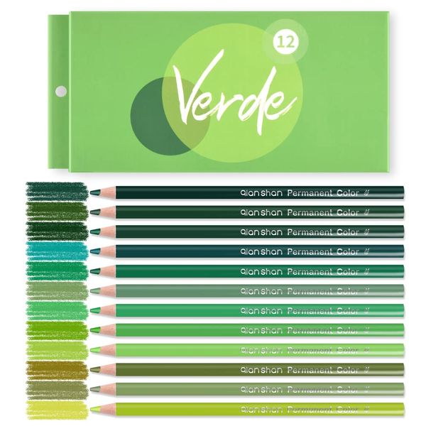 qianshan 12 Green Colored Pencils Oil Based Pre-sharpened Wooden Colored Pencil Set for Adults Coloring Books Drawing Sketching Art Supplies, No Duplicates