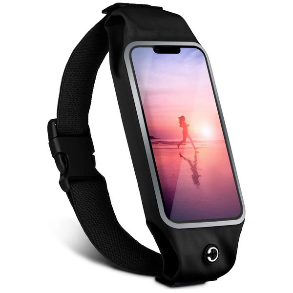 moex Laufgürtel Handy für Apple iPhone 11 Lauftasche Jogging Tasche Wasserfest, Slim Running Belt Flexibel mit Sichtfenster, Laufgurt zum Joggen Bauchtasche Sport, Schwarz