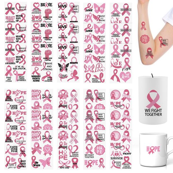 WANDIC 30 Sheets Breast Cancer Awareness Temporary Tattoos, Pink Ribbon Awareness Tattoo Sticker Cancer Survivor Decals for Charity Event Decoration