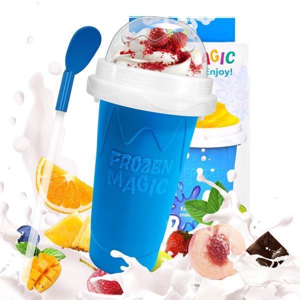 Slushy Maker Cup, DIY Magic Slushy Maker Squeeze Cup, Portable Smoothie Squeeze Cup for Juices, Milk and Ice Cream Make, Double Layers Silica Cup with Lid & Straw for Kids, Friends, Family (Blue)